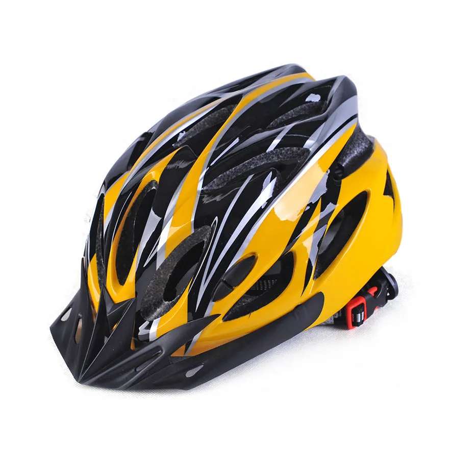 Bicycle helmet with 21 ventilation holes and adjustable fit, side view showing aerodynamic vents and chin strap