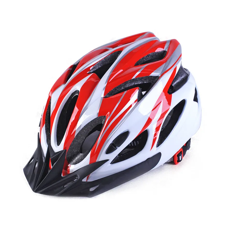 Bicycle helmet with 21 ventilation holes and adjustable fit, side view showing aerodynamic vents and chin strap