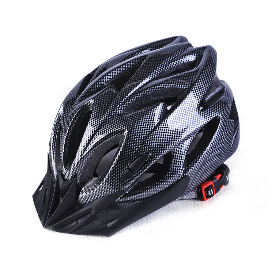 Bicycle helmet with 21 ventilation holes and adjustable fit, side view showing aerodynamic vents and chin strap