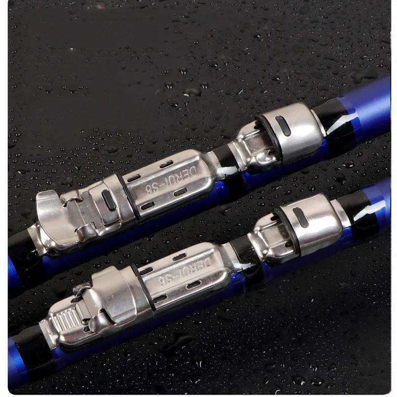 Blue carbon telescopic rock fishing rod extended showing full length against a neutral background