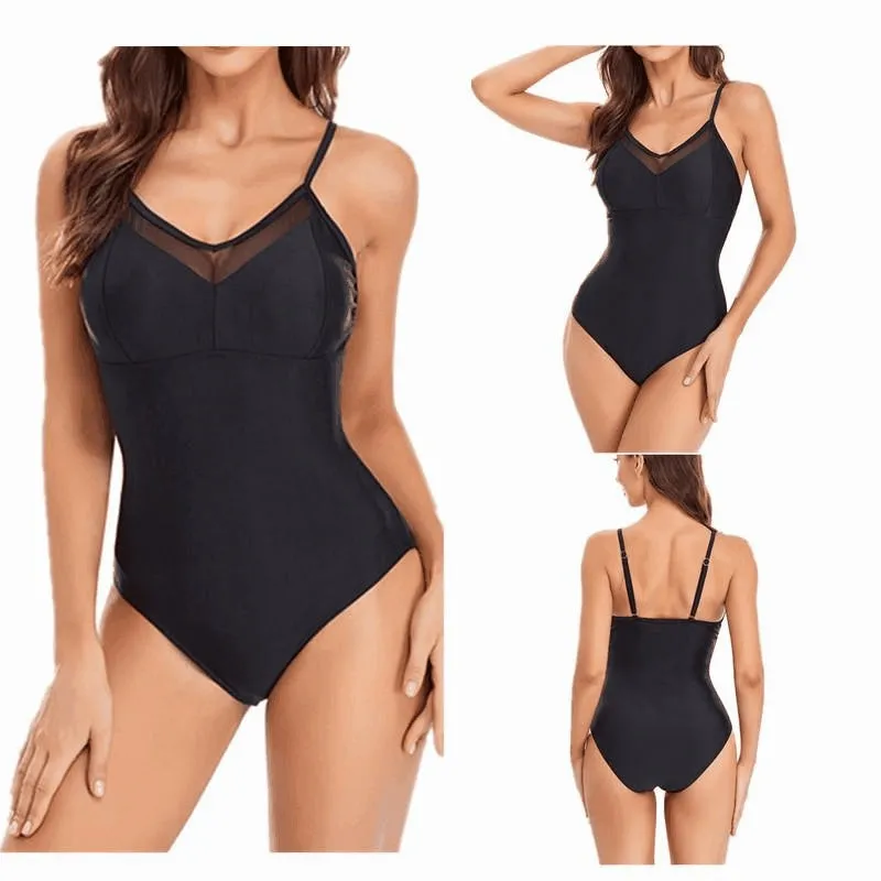 Ladies' solid colour mesh one-piece swimsuit with backless design in black or blue options