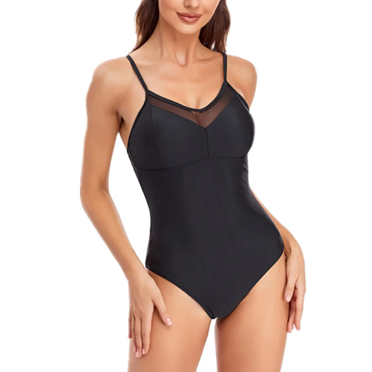Ladies' solid colour mesh one-piece swimsuit with backless design in black or blue options