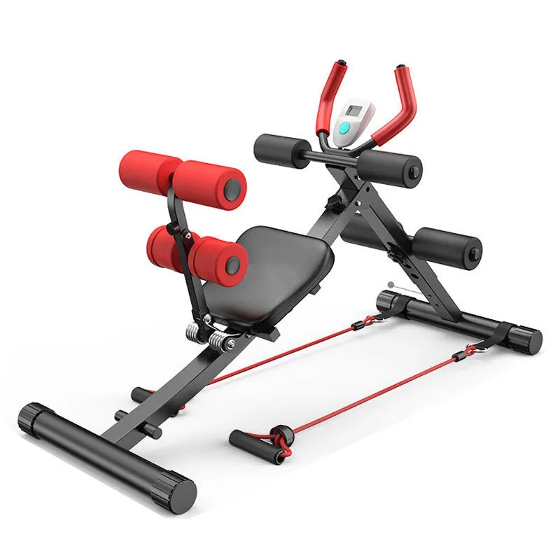 Abdominal exercise machine with metal frame, black ribbon drawstring, dimensions 113x30x70cm