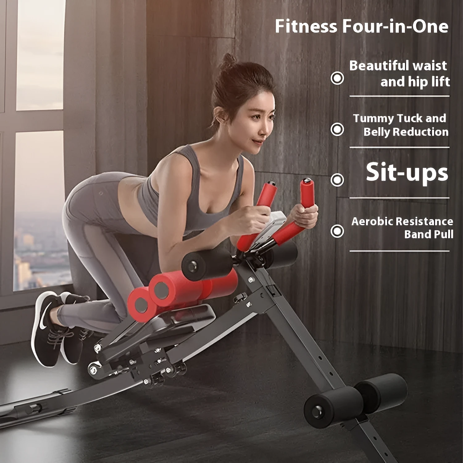 Abdominal exercise machine with metal frame, black ribbon drawstring, dimensions 113x30x70cm