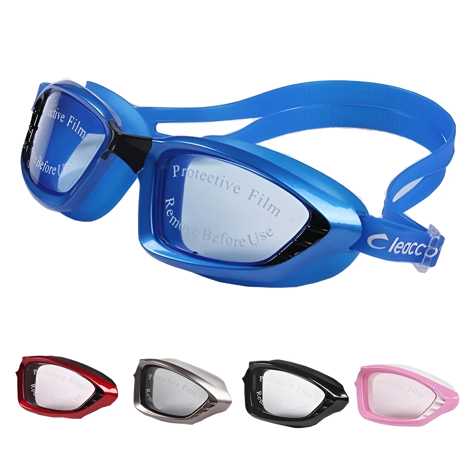 Adult waterproof swimming glasses with anti-fog PC lens and adjustable silicone belt in black colour option