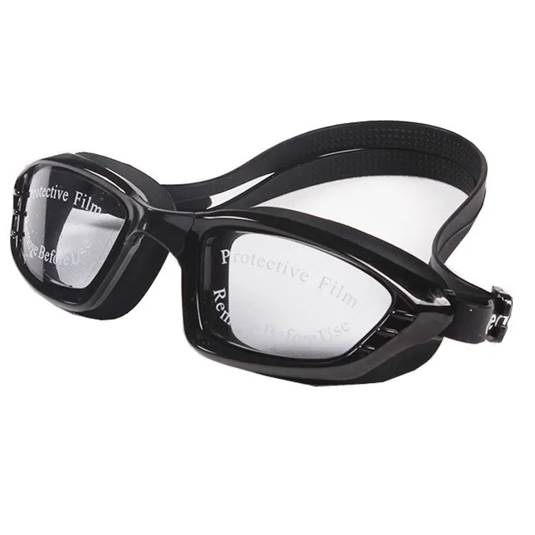 Adult waterproof swimming glasses with anti-fog PC lens and adjustable silicone belt in black colour option