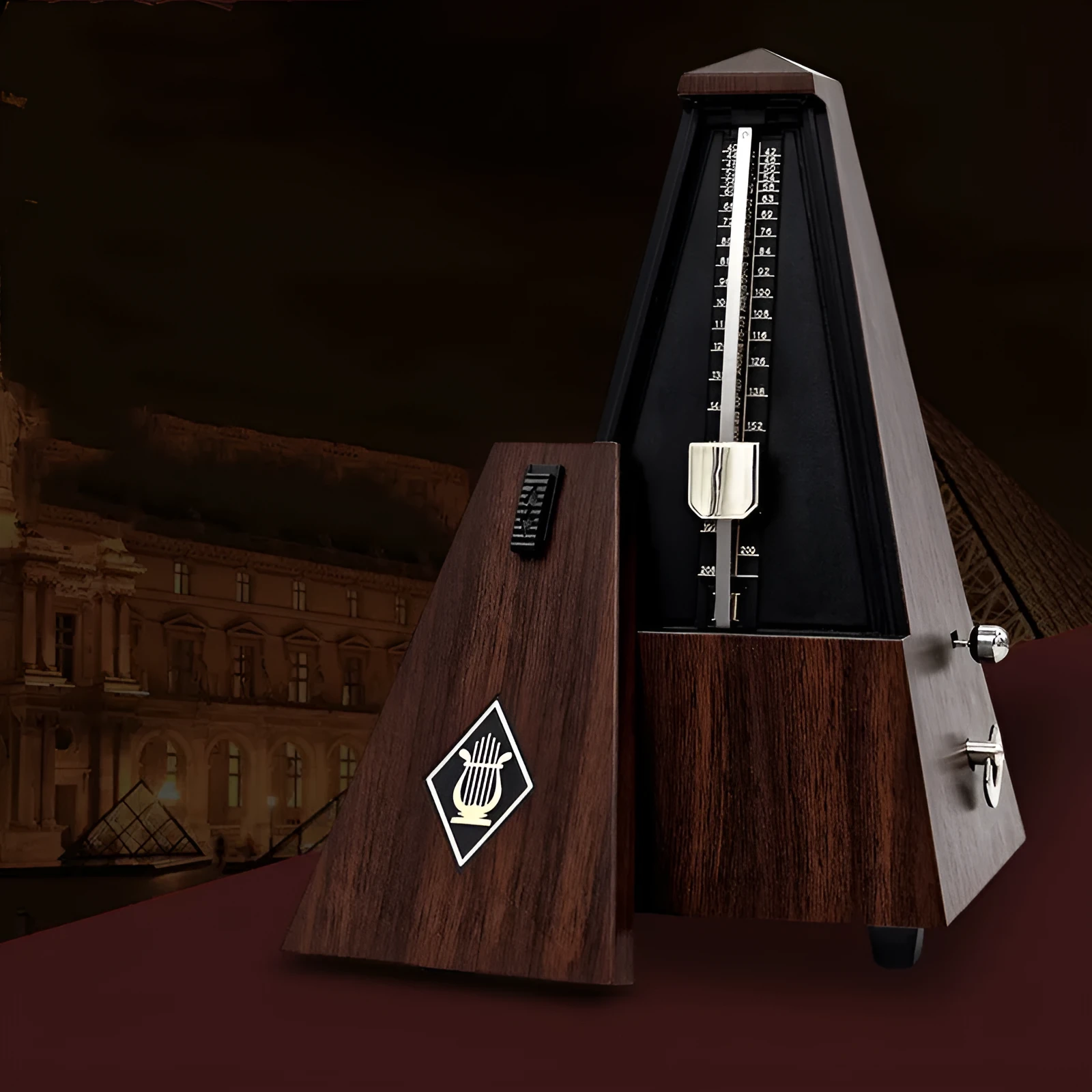 Mechanical tower metronome with imitation wood grain finish, PPS plastic body, 800g weight