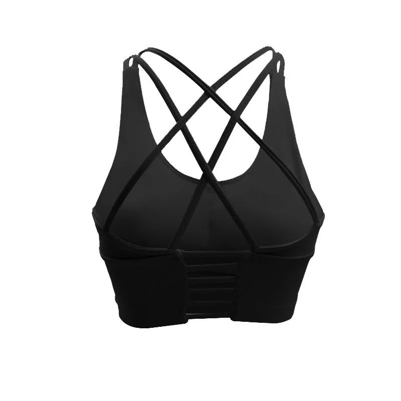 Black nylon vest-style fitness bra with spandex lining on a white background