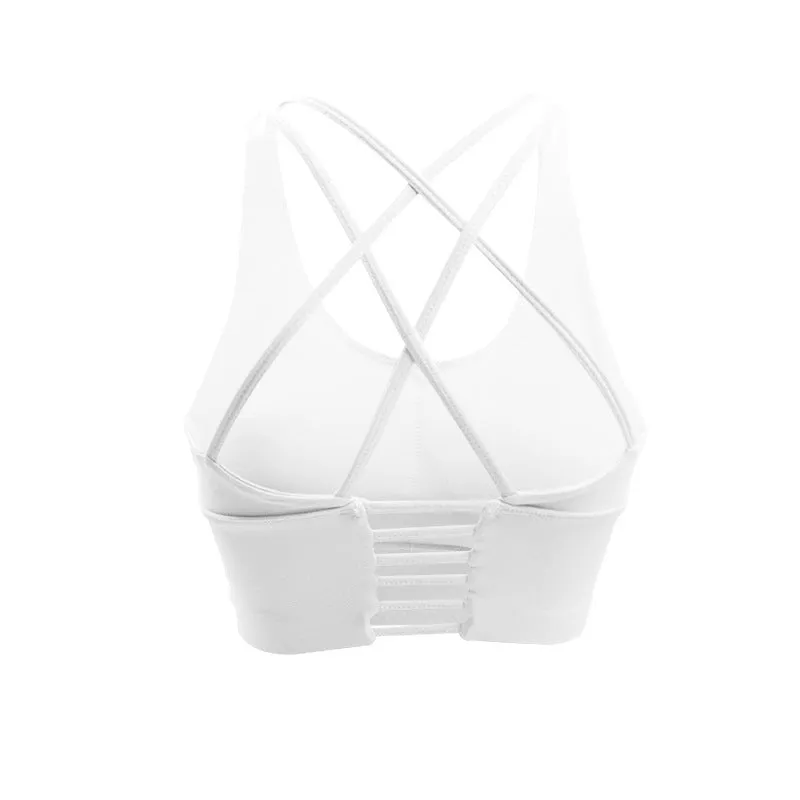 Black nylon vest-style fitness bra with spandex lining on a white background