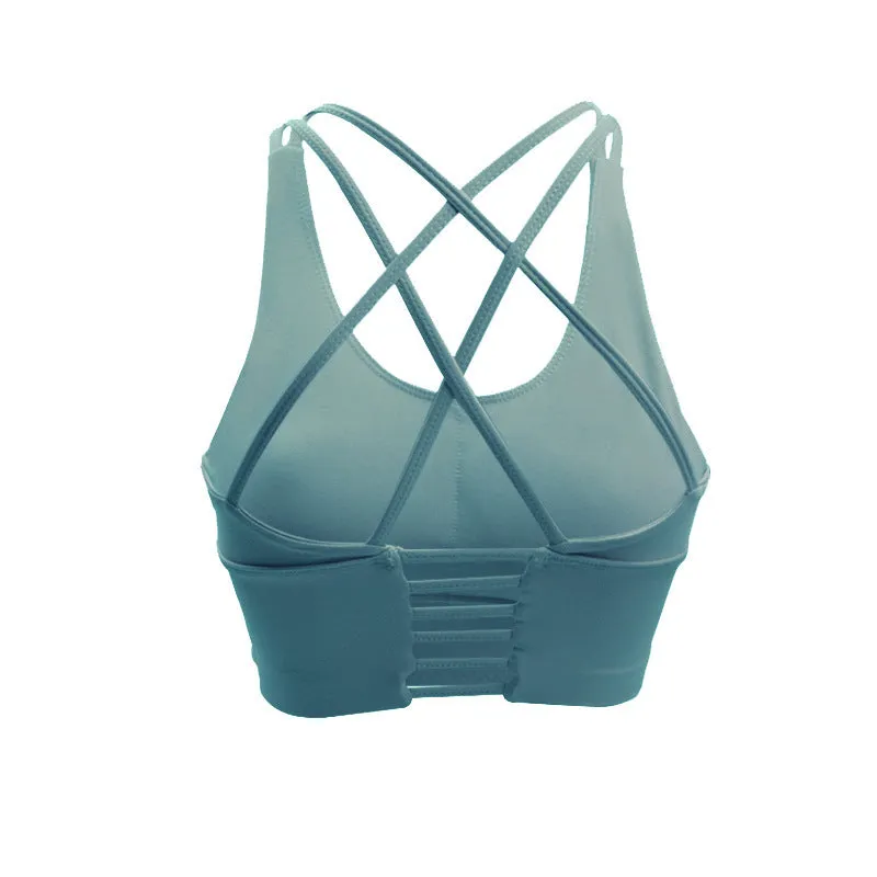 Black nylon vest-style fitness bra with spandex lining on a white background