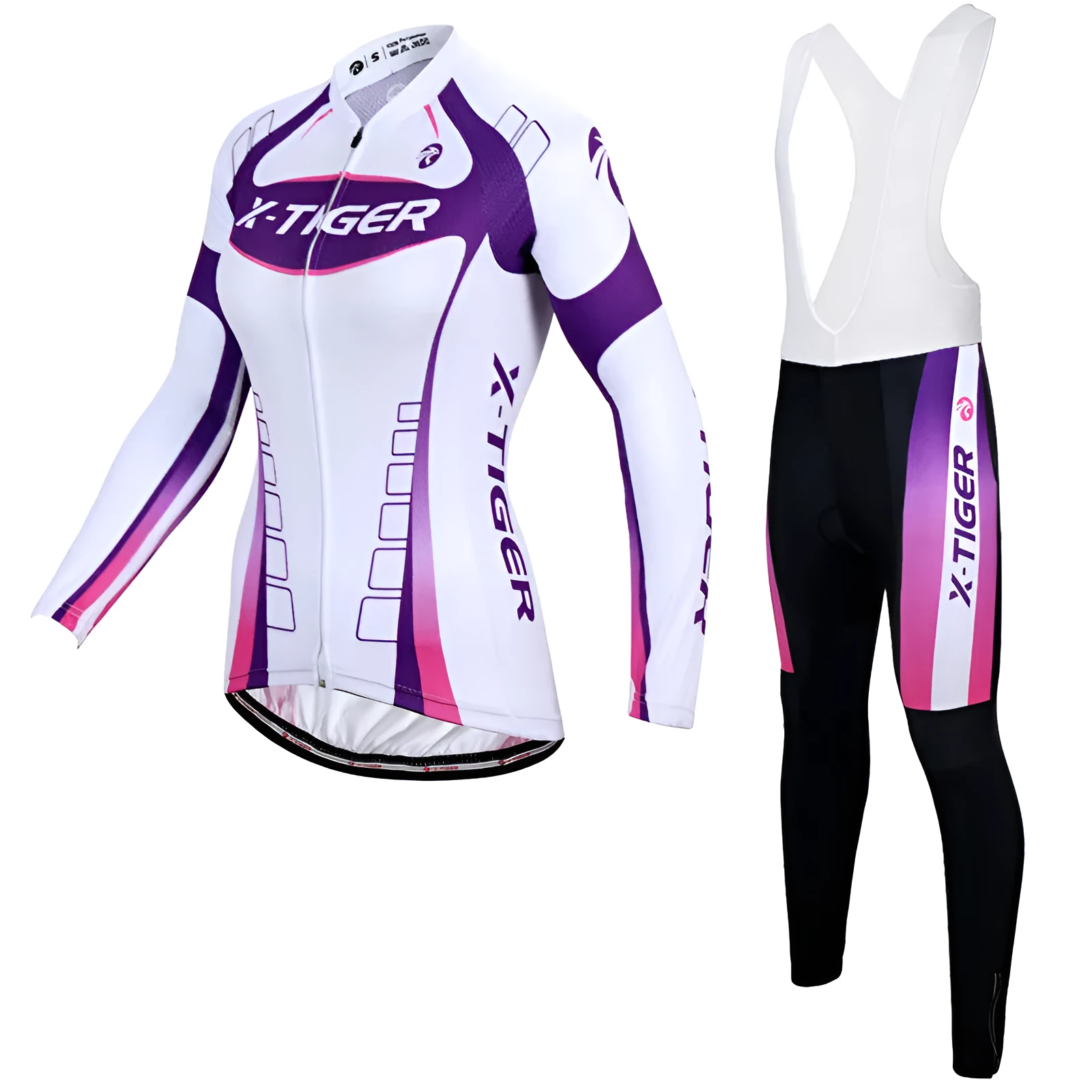 Women's long-sleeved cycling jersey suit in white and purple, full-zip with breathable gel pad