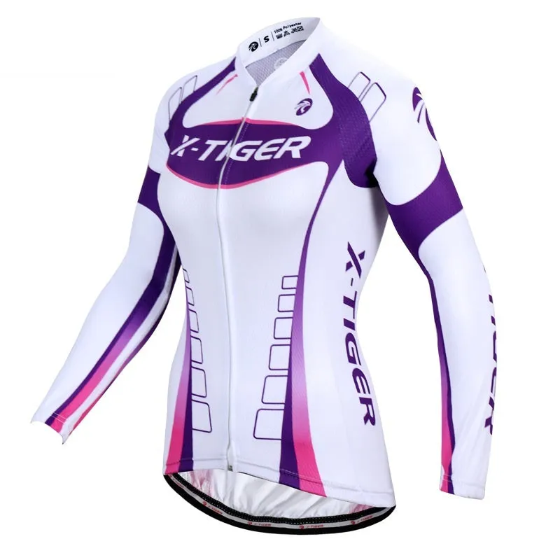 Women's long-sleeved cycling jersey suit in white and purple, full-zip with breathable gel pad