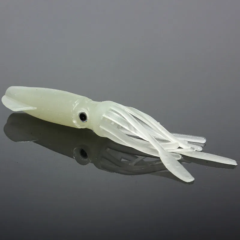 Pack of 10 luminous squid baits in light green, 105mm long, soft plastic bionic shape