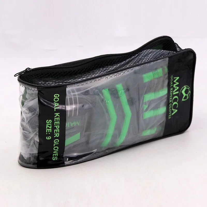 Green latex goalkeeper gloves for football training, sizes 7 to 10, neutral unisex design