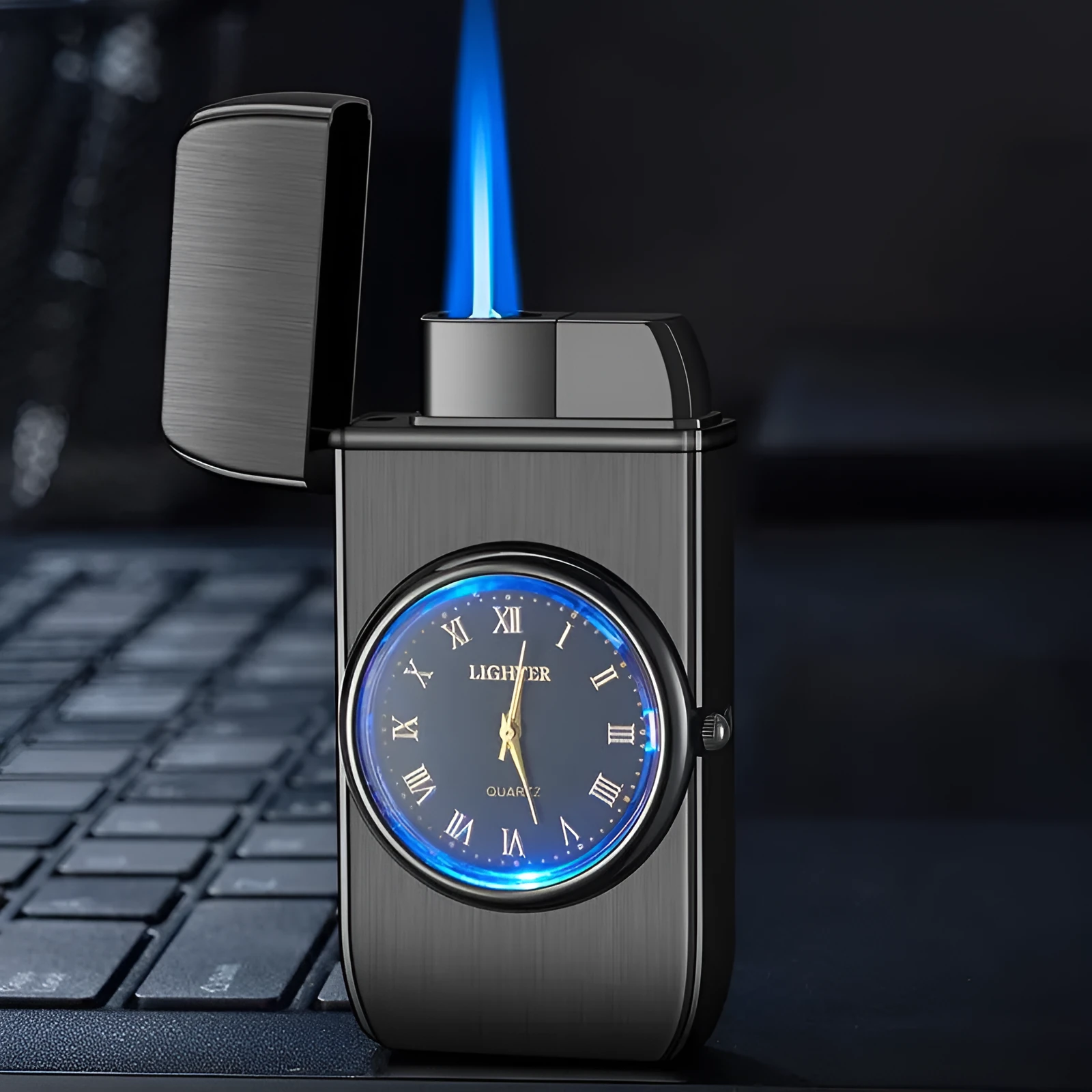 Windproof torch lighter with watch design, zinc alloy body, black brushed finish, 76x38x155mm