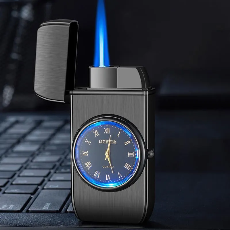 Windproof torch lighter with watch design, zinc alloy body, black brushed finish, 76x38x155mm