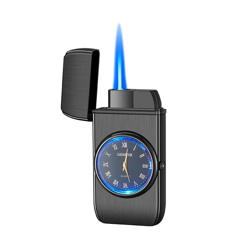 Windproof torch lighter with watch design, zinc alloy body, black brushed finish, 76x38x155mm