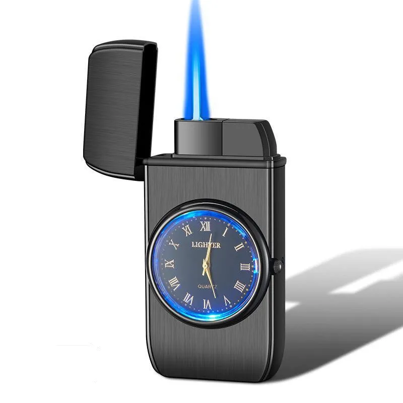 Windproof torch lighter with watch design, zinc alloy body, black brushed finish, 76x38x155mm