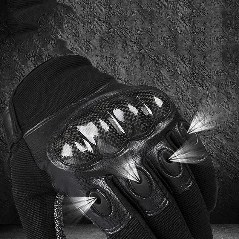 Tactical gloves in carbon fibre style showing full-finger and half-finger options with non-slip grip for outdoor use