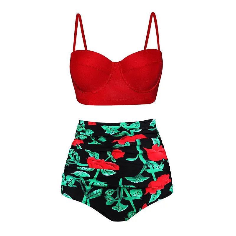 High waist retro floral push up bikini set for women in plus size nylon swimwear