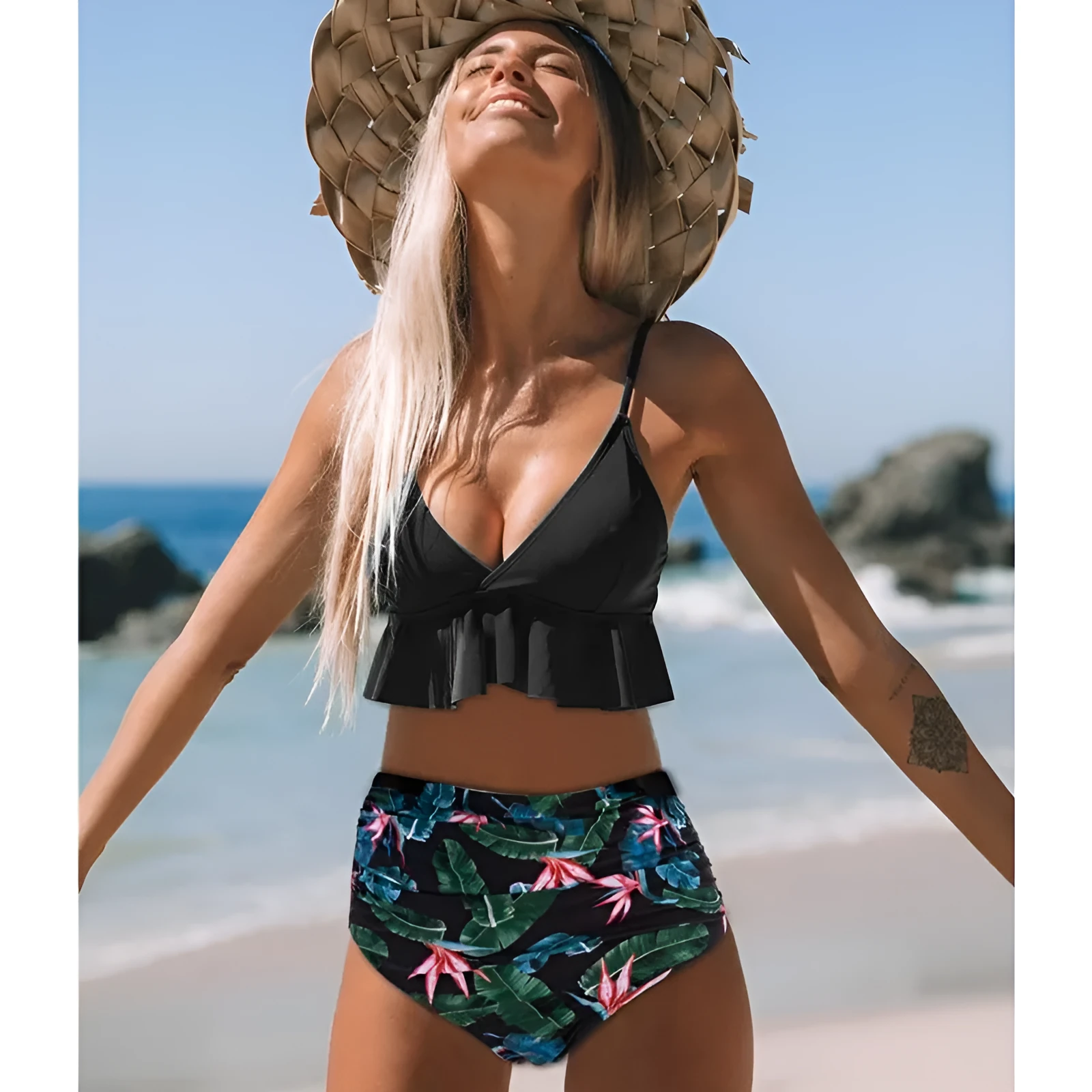 Ruffled nylon swimsuit with steel support and floral lotus print in red, showing ruffled neckline and built-in pads
