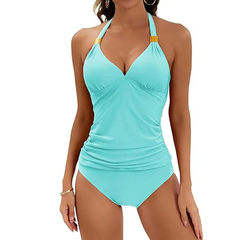 Women's red halter neck two piece swimsuit with tie-side bikini briefs on a mannequin