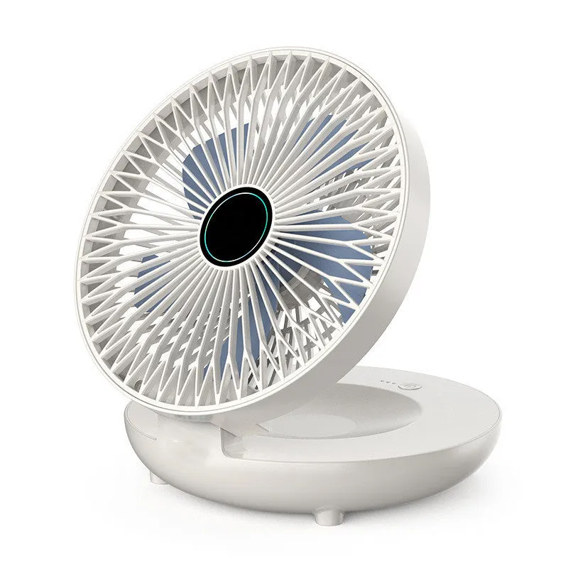 Folding wall mounted small fan in white with USB power cord and nail-free hook, ABS construction, brushless motor