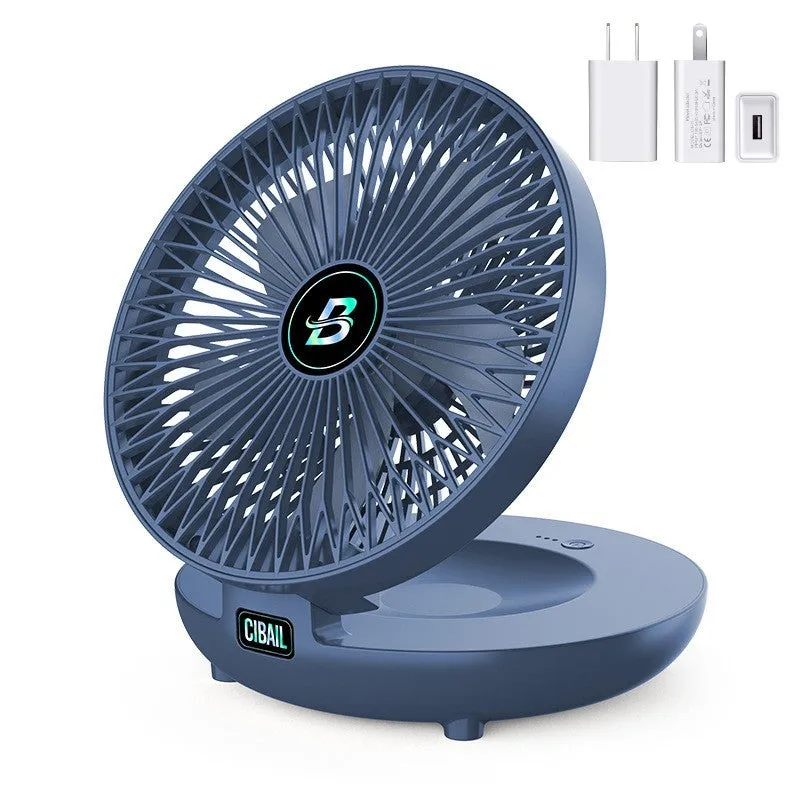 Folding wall mounted small fan in white with USB power cord and nail-free hook, ABS construction, brushless motor