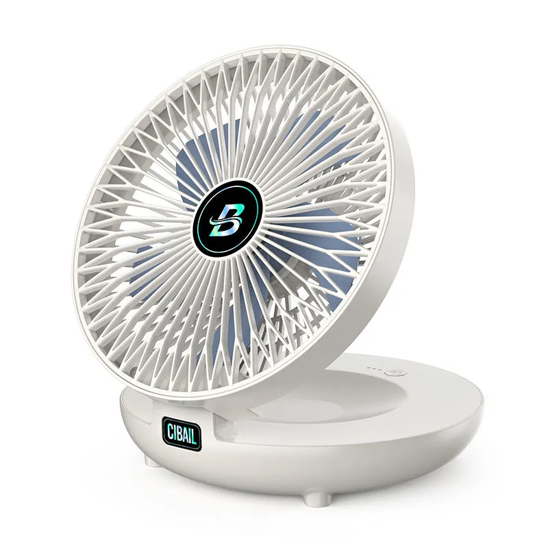 Folding wall mounted small fan in white with USB power cord and nail-free hook, ABS construction, brushless motor