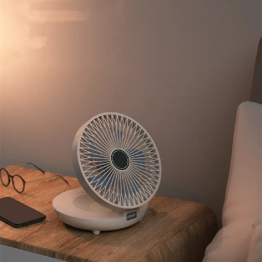 Folding wall mounted small fan in white with USB power cord and nail-free hook, ABS construction, brushless motor