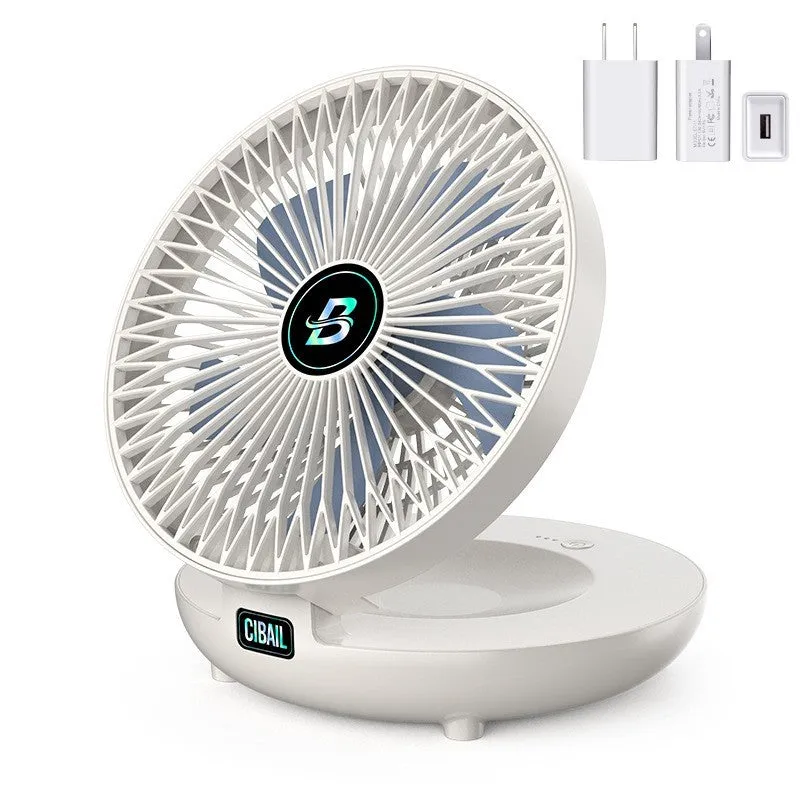 Folding wall mounted small fan in white with USB power cord and nail-free hook, ABS construction, brushless motor