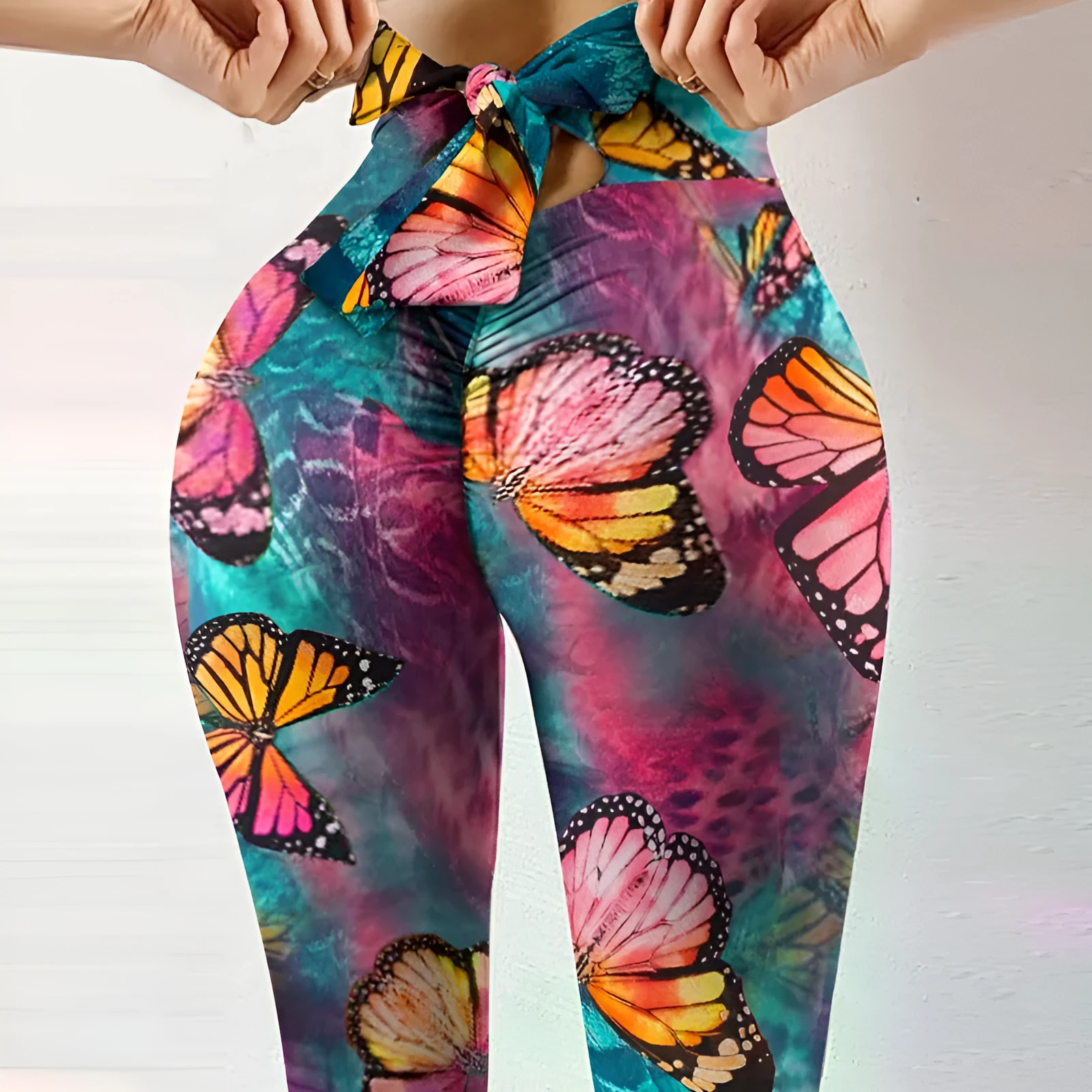 Women's hip-lifting sweatpants leggings in black with bow detail, cotton blended fabric, plain pattern, yoga and fitness pants