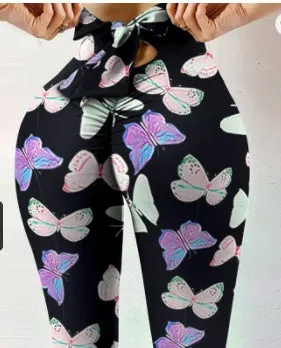 Women's hip-lifting sweatpants leggings in black with bow detail, cotton blended fabric, plain pattern, yoga and fitness pants