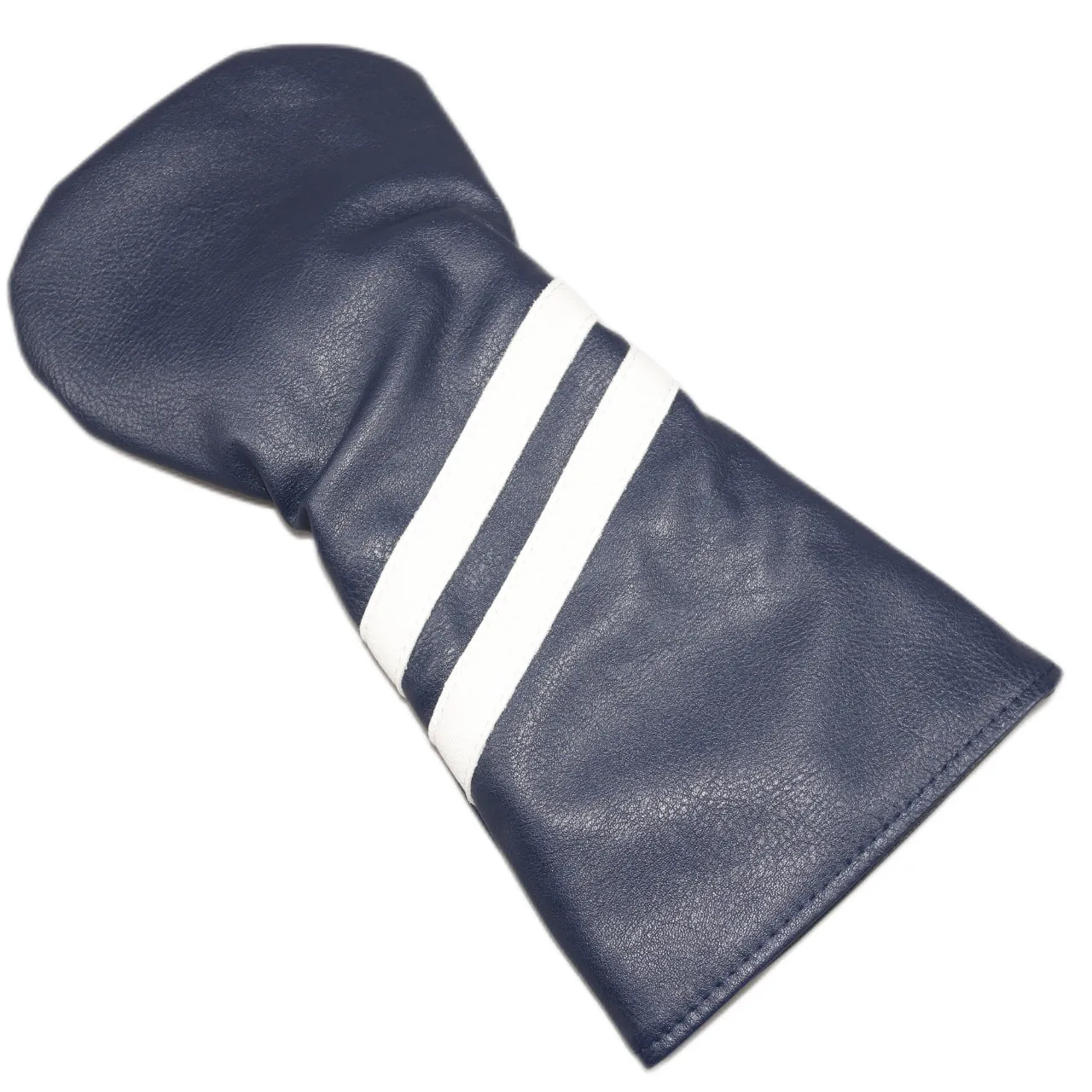 PU golf club head cover with two diagonal stripes in black, shown beside a golf club