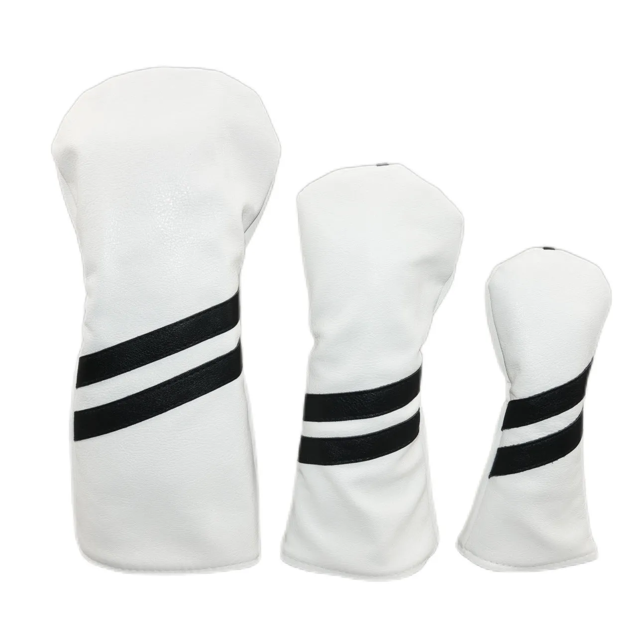 PU golf club head cover with two diagonal stripes in black, shown beside a golf club