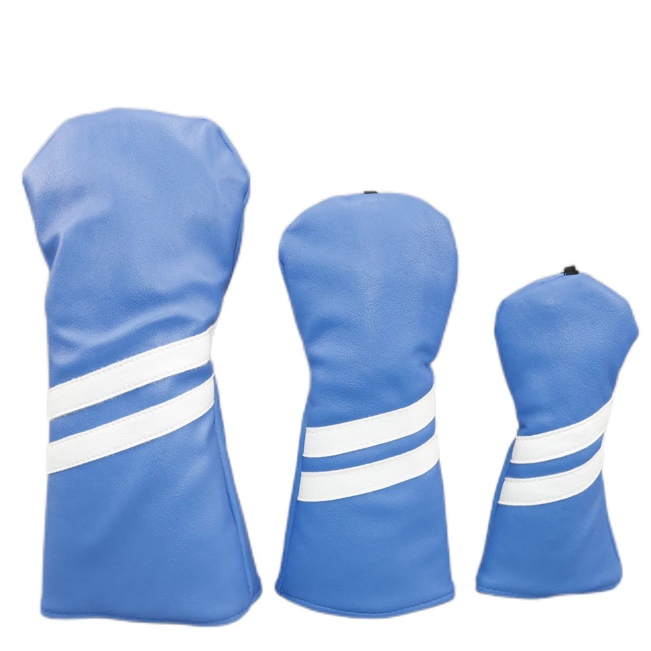 PU golf club head cover with two diagonal stripes in black, shown beside a golf club
