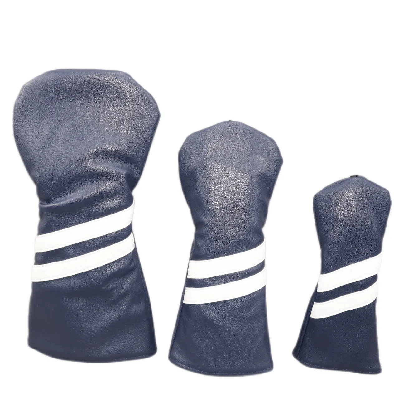 PU golf club head cover with two diagonal stripes in black, shown beside a golf club