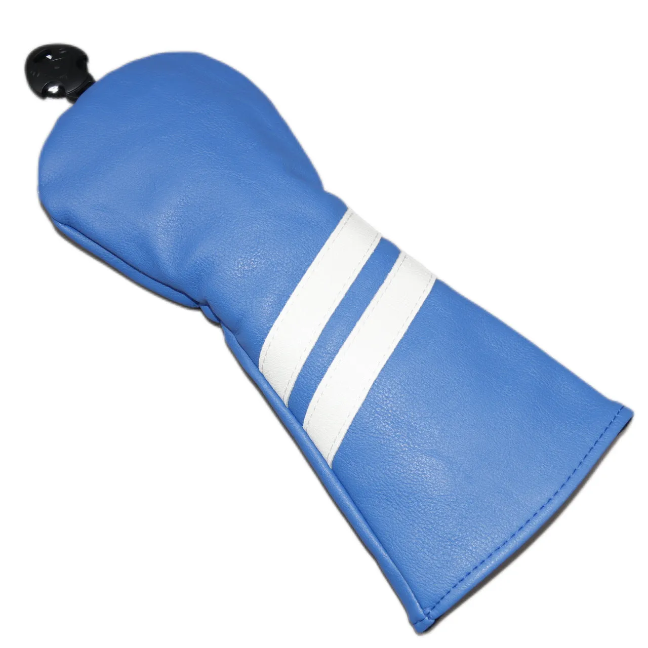 PU golf club head cover with two diagonal stripes in black, shown beside a golf club