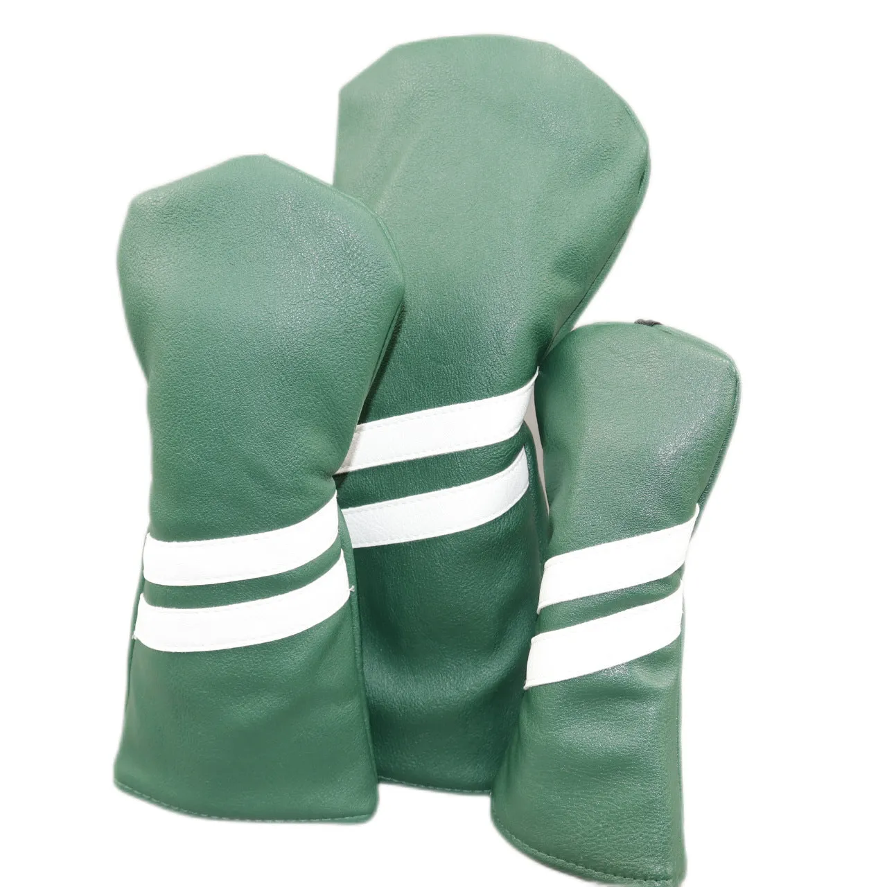 PU golf club head cover with two diagonal stripes in black, shown beside a golf club