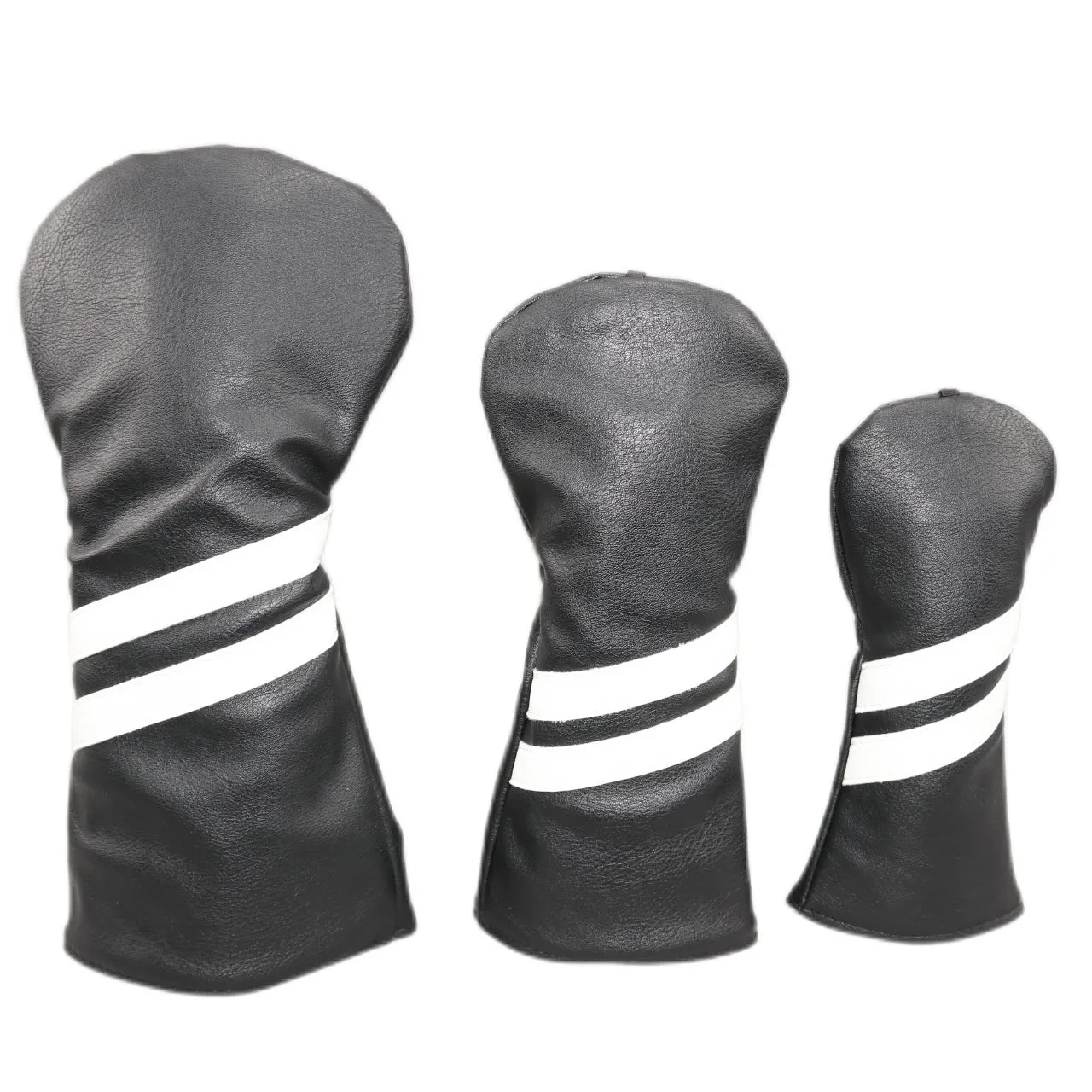 PU golf club head cover with two diagonal stripes in black, shown beside a golf club
