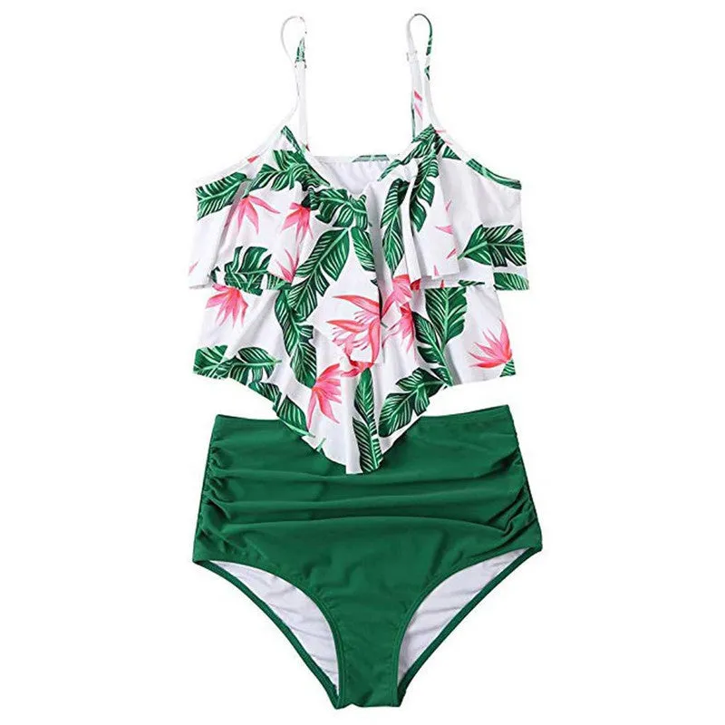 Ruffled bikini swimsuit in rose red with polyester fabric, size S to XL available