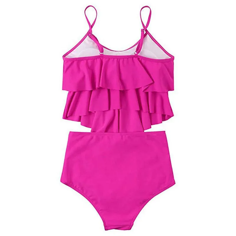 Ruffled bikini swimsuit in rose red with polyester fabric, size S to XL available