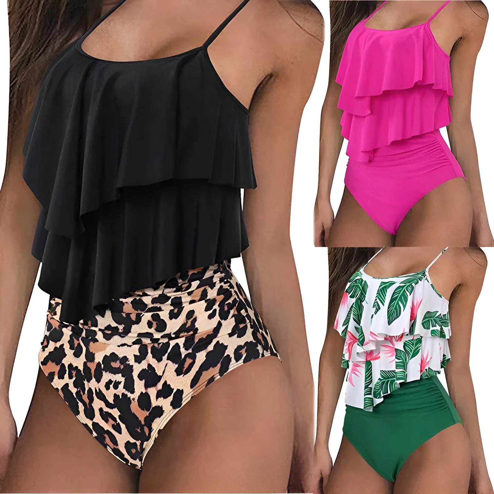 Ruffled bikini swimsuit in rose red with polyester fabric, size S to XL available