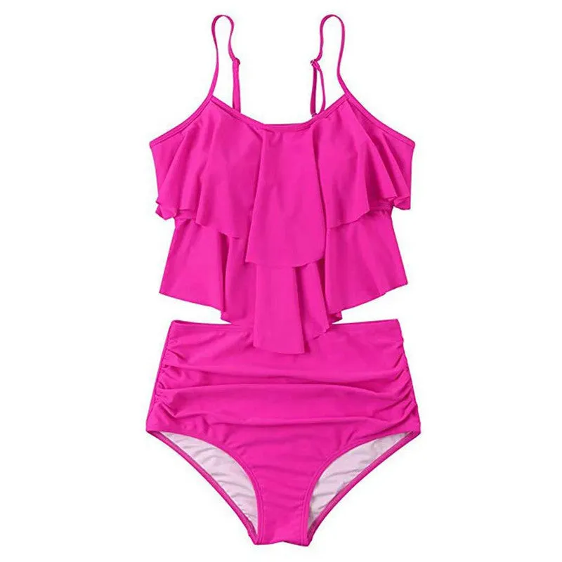 Ruffled bikini swimsuit in rose red with polyester fabric, size S to XL available