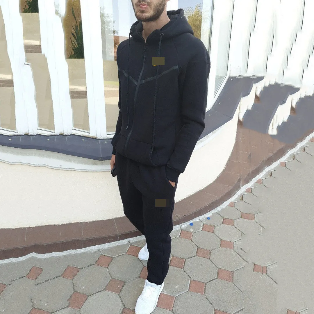 Two-piece sports and leisure set in black spandex, front view, available in sizes S to XL