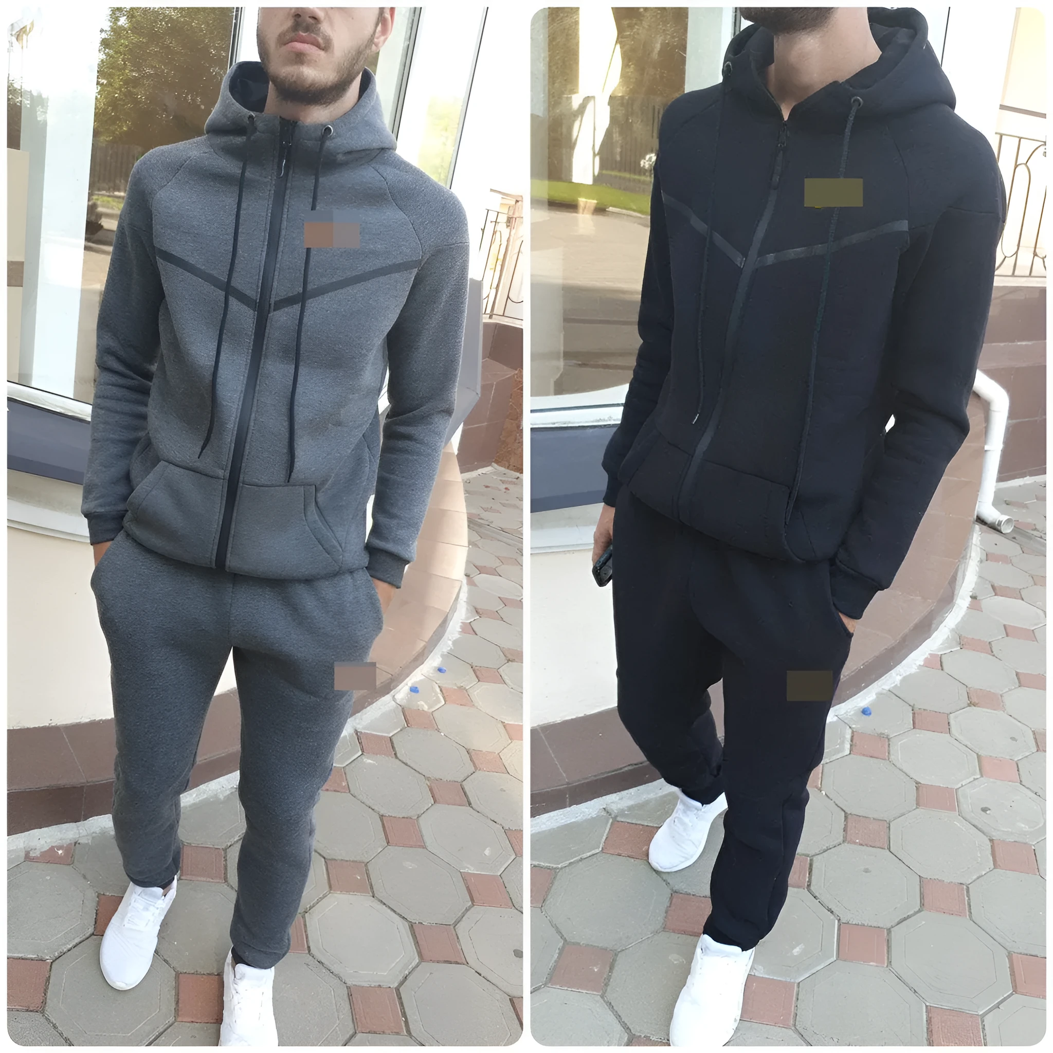Two-piece sports and leisure set in black spandex, front view, available in sizes S to XL