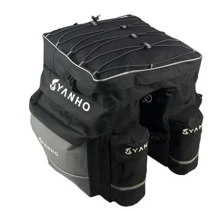 Black mountain bike bag with rain cover on rear rack, 43 litre capacity, 600D nylon
