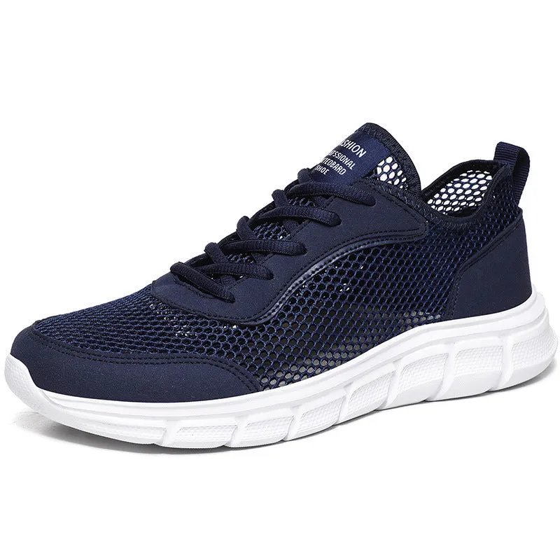 Men's breathable hollow mesh sports shoes in black, blue, and grey, sizes 37 to 48