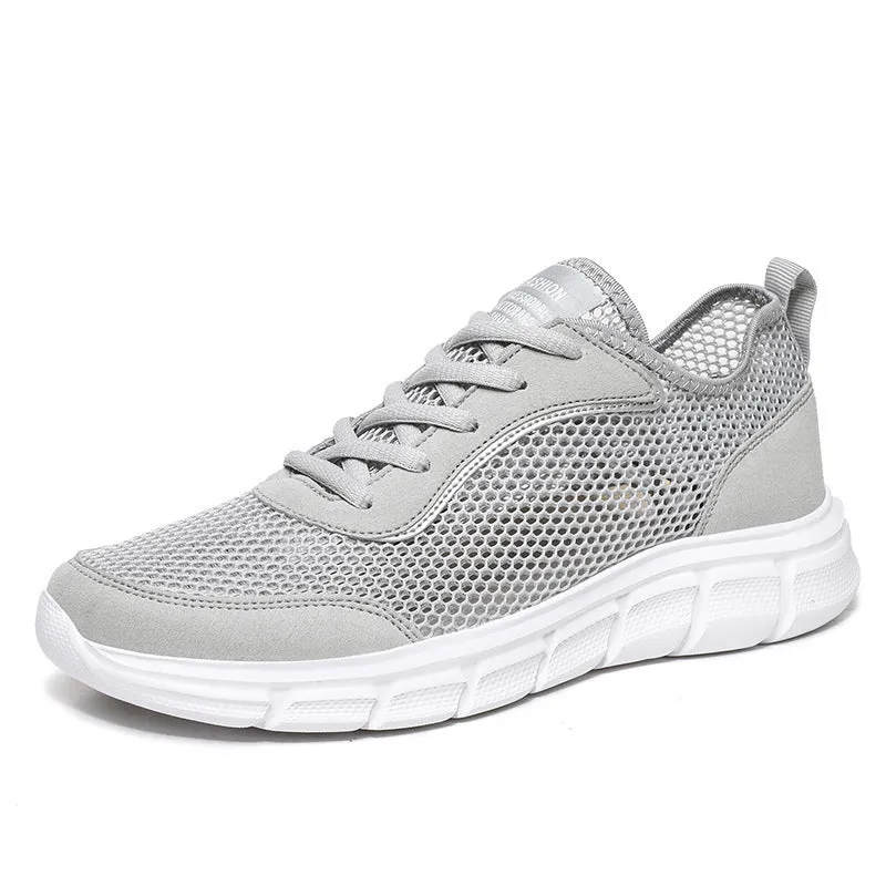 Men's breathable hollow mesh sports shoes in black, blue, and grey, sizes 37 to 48