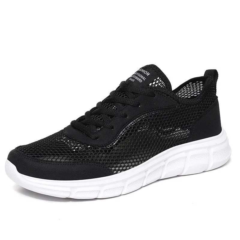 Men's breathable hollow mesh sports shoes in black, blue, and grey, sizes 37 to 48
